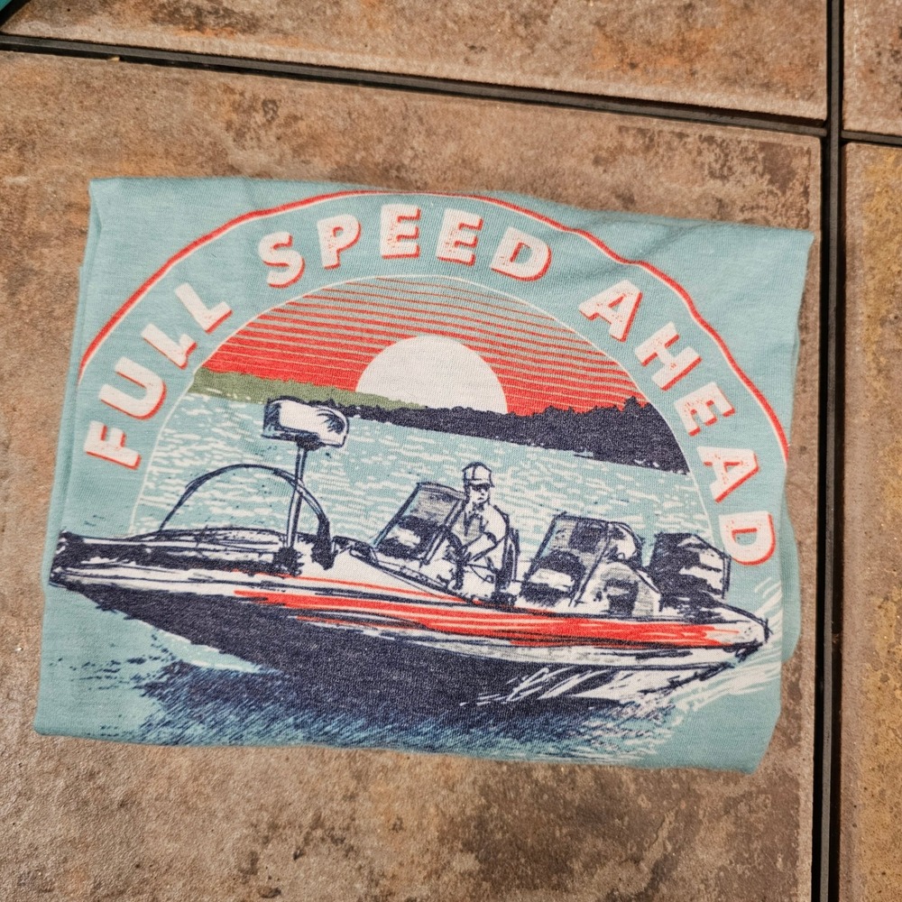 Fish N Vibe Mens 2XL Full Speed Ahead‎ Bass Boat Graphic T-Shirt Heather Blue